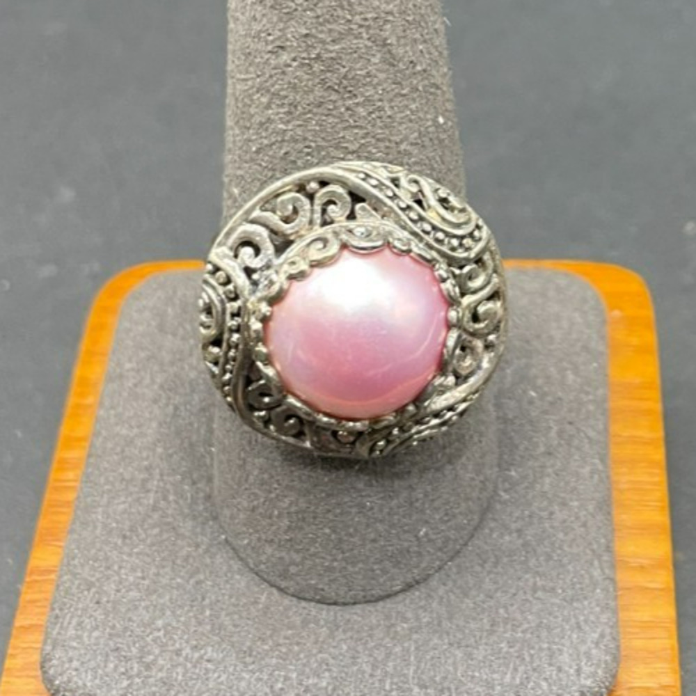 Vtg 925 Sterling Silver Pink Mabe Pearl Cabochon Solitaire Filigree Ring Size 10